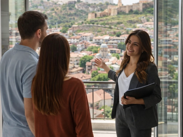 Real estate agent explaining the Tbilisi property market real estate process overview to a couple of foreign buyers in Georgia during a property viewing and real estate due diligence discussion the real world process of buying property in Georgia
