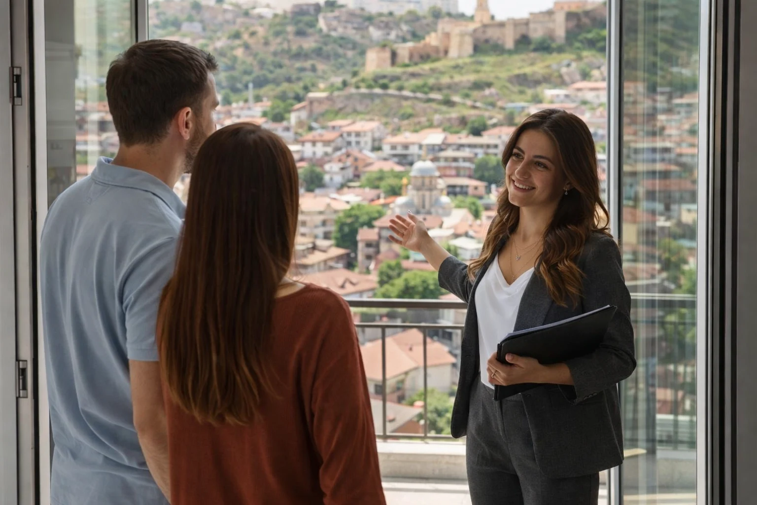 Real estate agent explaining the Tbilisi property market real estate process overview to a couple of foreign buyers in Georgia during a property viewing and real estate due diligence discussion the real world process of buying property in Georgia