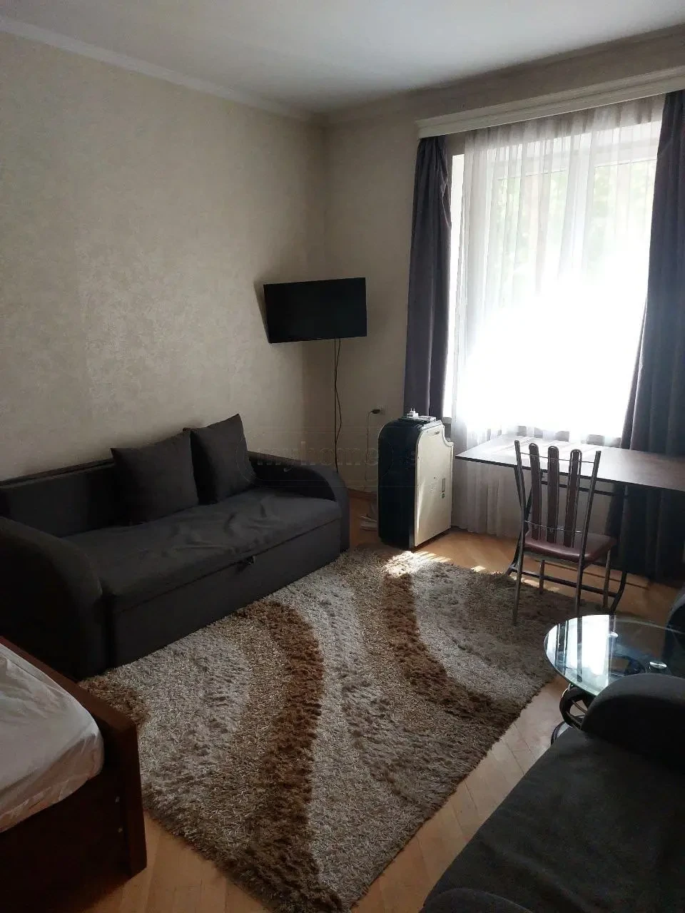 1-room apartment for rent on Aghmashenebeli Avenue, Chugureti, Tbilisi — living room with sofa bed, TV and dining table