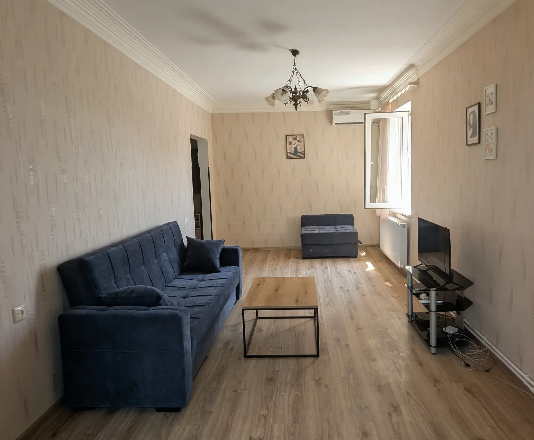 1-room apartment for rent on Marjanishvili Street, Chugureti, Tbilisi — living room with sofa and TV