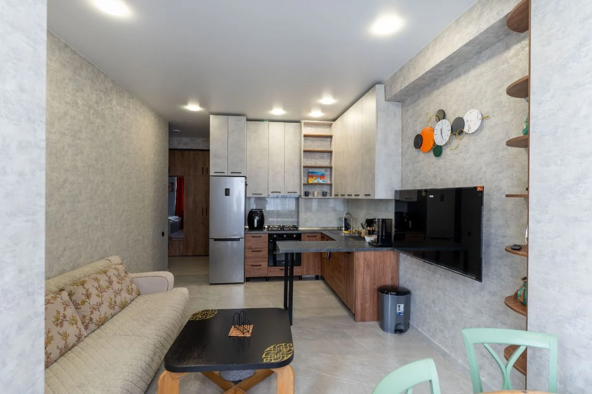 2-room apartment for rent on Chavchavadze Avenue 49b, Vake, Tbilisi — open-plan living room and fitted kitchen