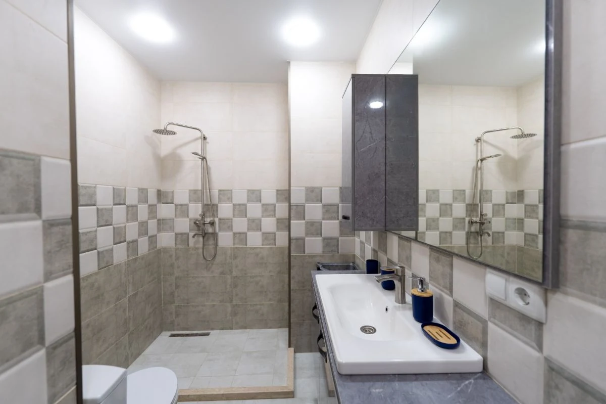 2-room apartment for rent on Chavchavadze Avenue 49b, Vake, Tbilisi — bathroom with walk-in rainfall shower and vanity