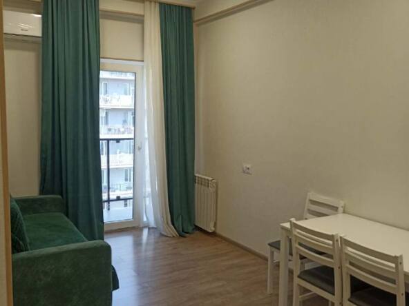 2-room apartment for rent on Chkondideli Street, Nadzaladevi, Tbilisi — living room with sofa and balcony door