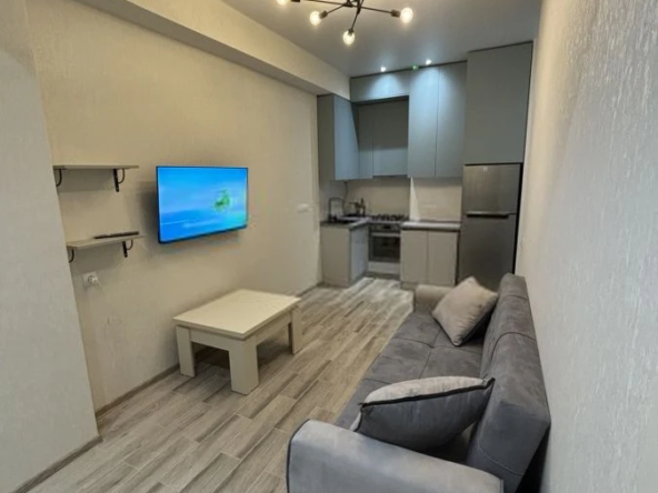 2-room apartment for rent on Chqondideli Street, Nadzaladevi, Tbilisi — living room with sofa, wall-mounted TV and designer chandelier