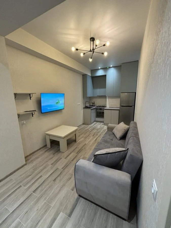 2-room apartment for rent on Chqondideli Street, Nadzaladevi, Tbilisi — open-plan living room and fitted kitchen with appliances