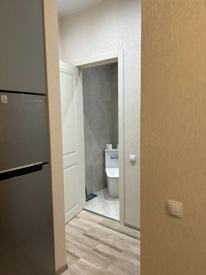 2-room apartment for rent on Chqondideli Street, Nadzaladevi, Tbilisi — hallway with fitted fridge leading to the bathroom