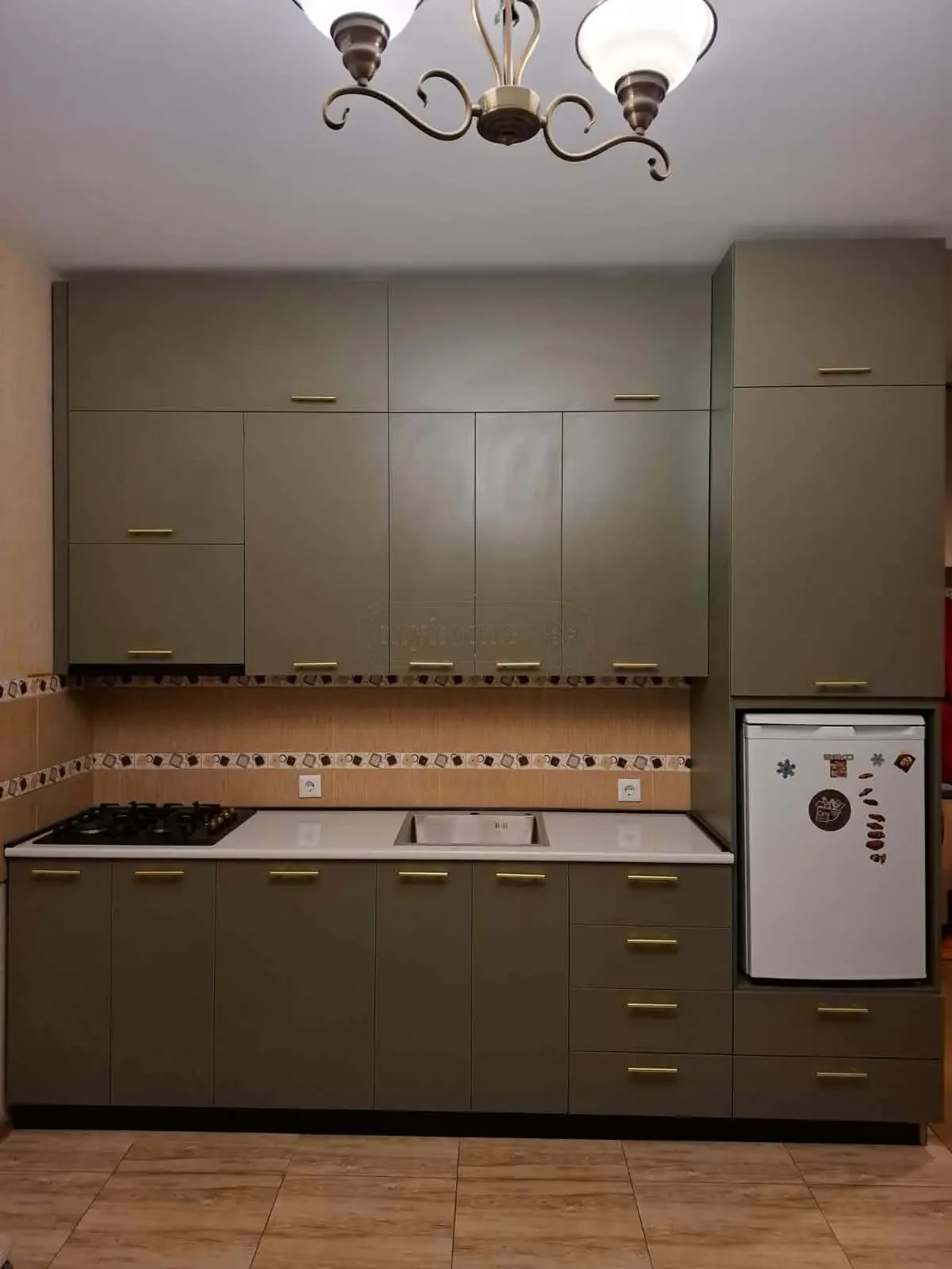 2-room apartment for rent on Politkovskaya Street (Jikia), Saburtalo, Tbilisi — kitchen with gas hob and fridge