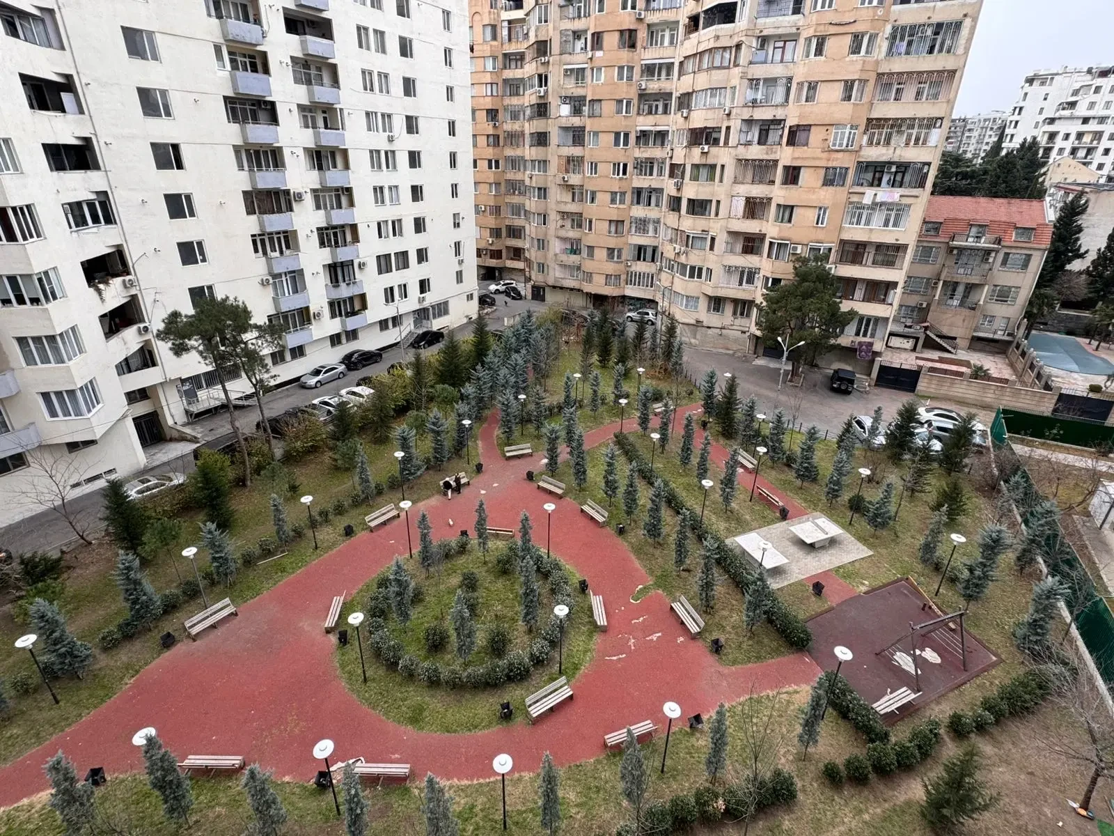 2-room apartment for sale on Avalishvili Street, Vake, Tbilisi — view over the landscaped courtyard of the Outlook Vake complex
