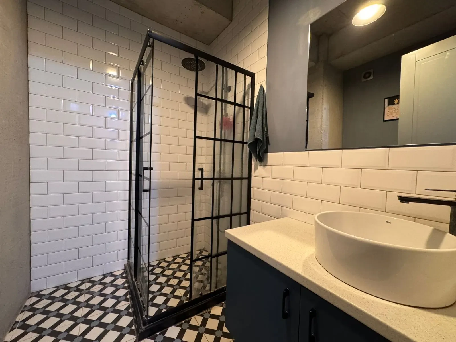 2-room apartment for sale on Avalishvili Street, Vake, Tbilisi — bathroom with walk-in shower and stone vanity