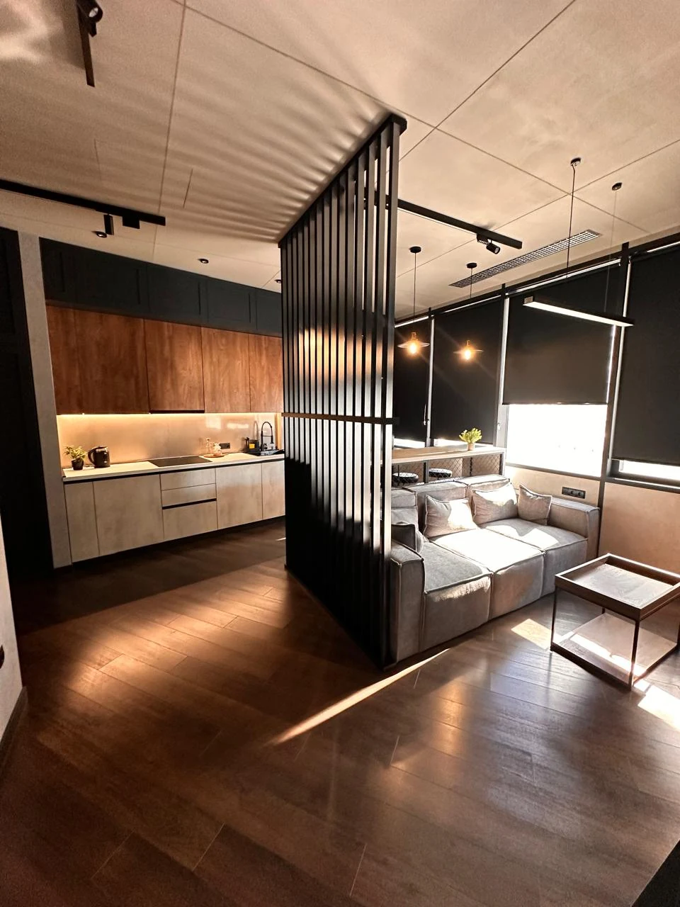 2-room apartment for sale on Chavchavadze Avenue, Vake, Tbilisi — living area with slatted room divider and sofa