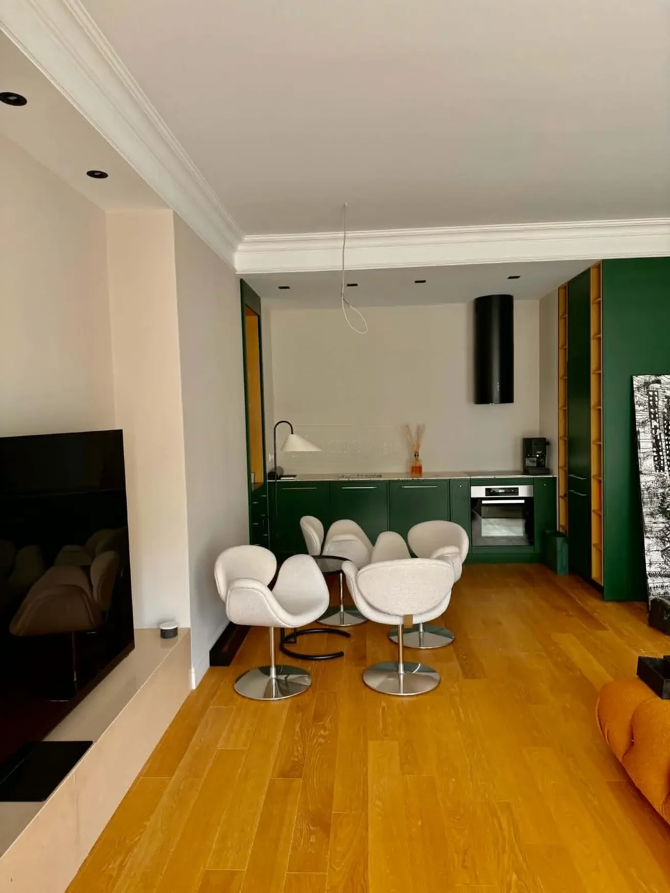 2-room apartment for sale on Ilia Chavchavadze Avenue, Vake, Tbilisi - open-plan living room looking through to the green kitchen and dining area