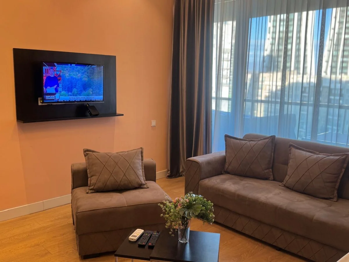 2-room apartment for sale on Chavchavadze Avenue, Vake, Tbilisi — living room with TV and balcony window
