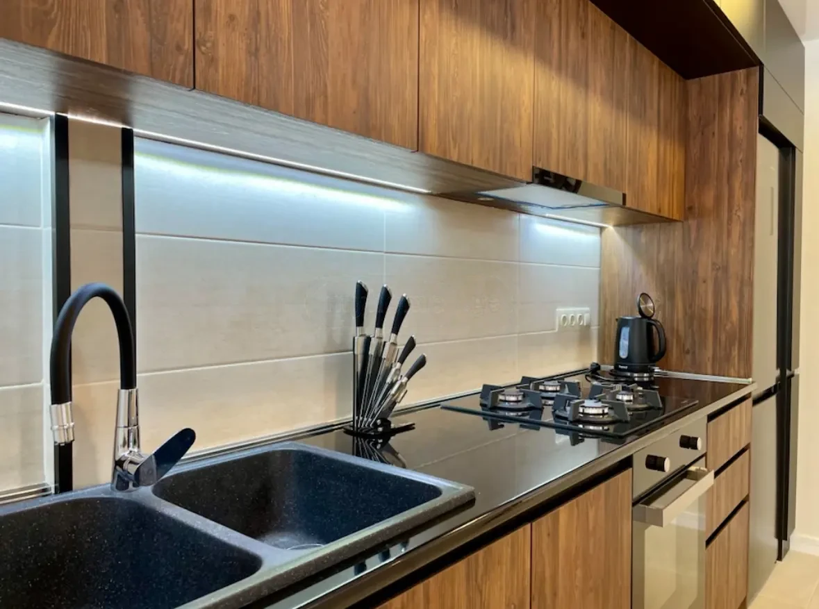 2-room apartment for sale on Irakli Abashidze Street, Vake, Tbilisi — built-in kitchen with gas hob, oven and double sink