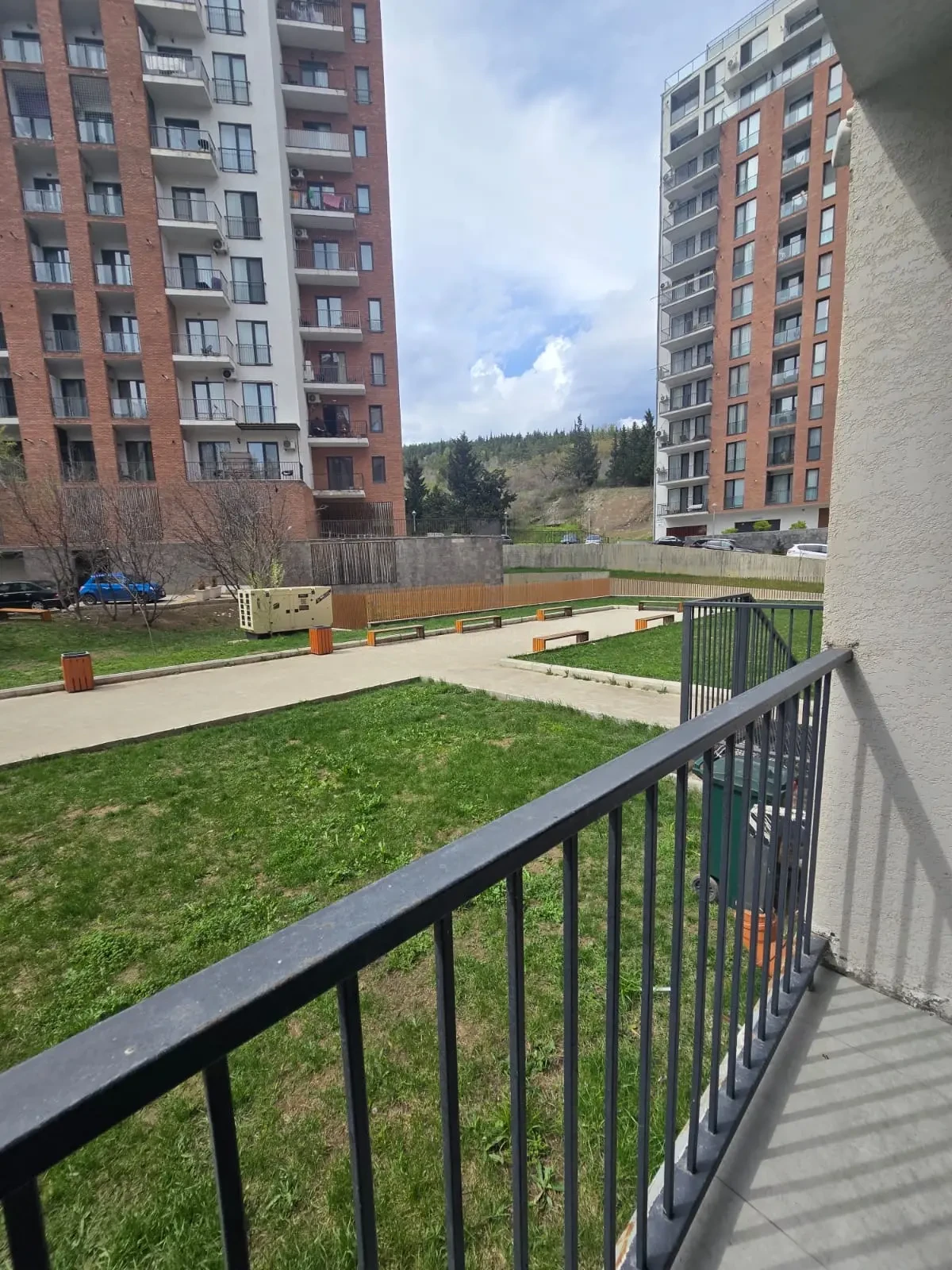 2-room furnished apartment for sale on Mindeli Street 9b, Saburtalo, Tbilisi — courtyard view from the balcony