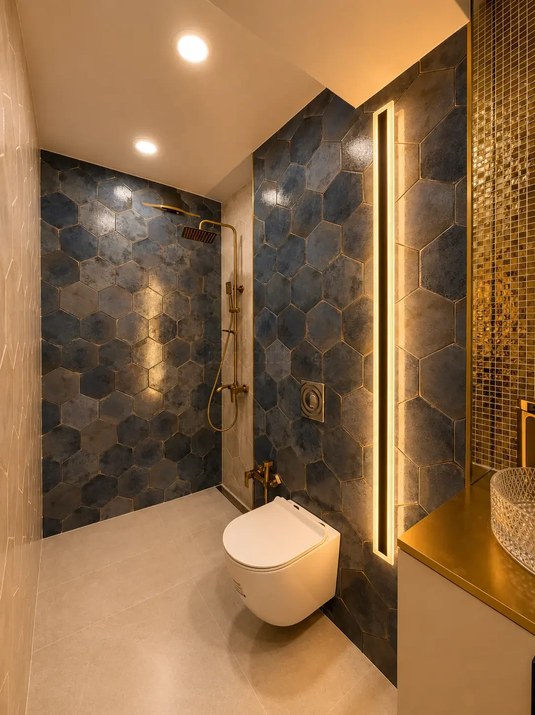 2-room apartment for sale on Nutsubidze Street 195, Saburtalo, Tbilisi — bathroom with hexagonal tiles