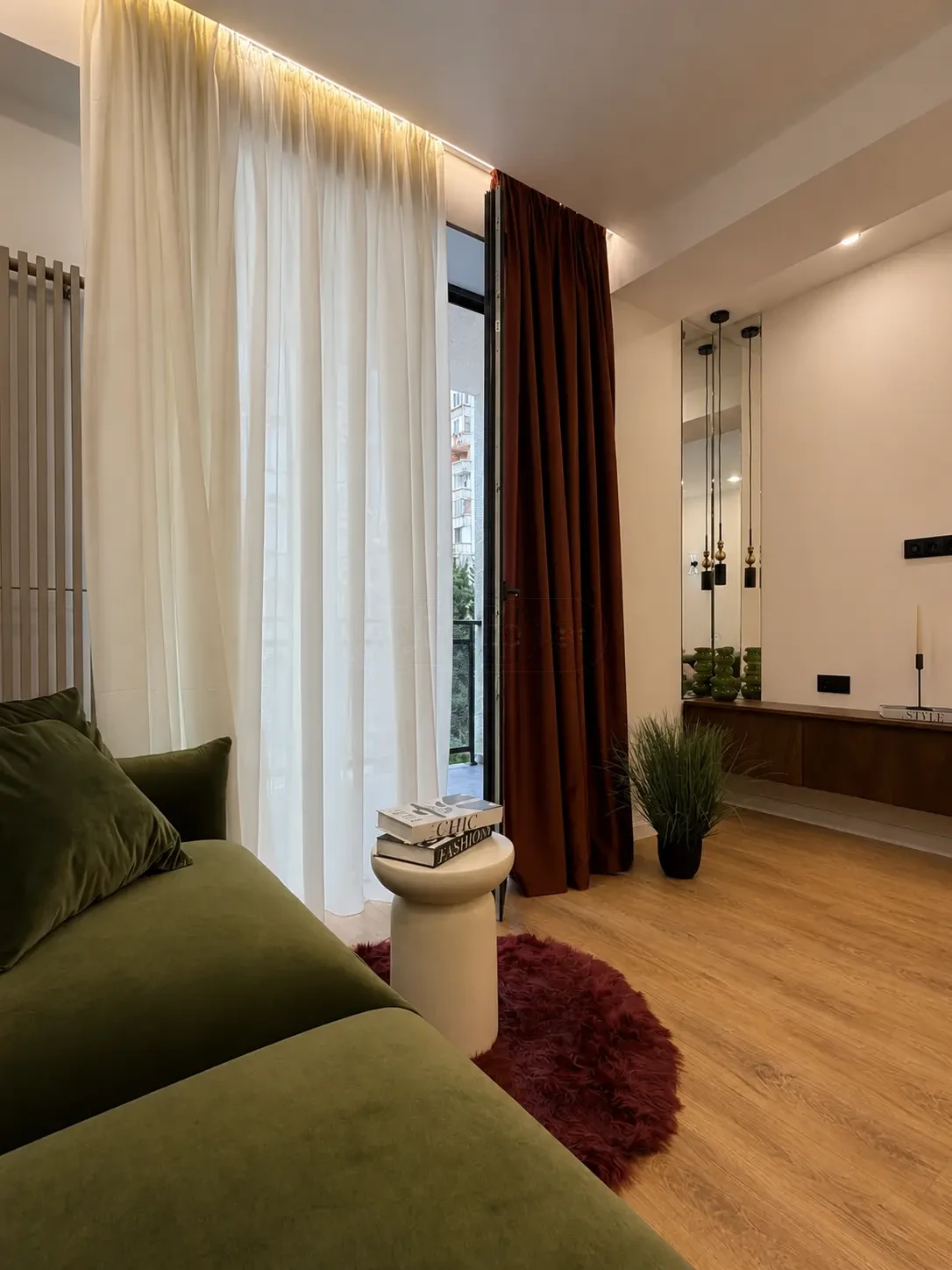 2-room apartment for sale on Nutsubidze Street 195, Saburtalo, Tbilisi — living room toward entry console