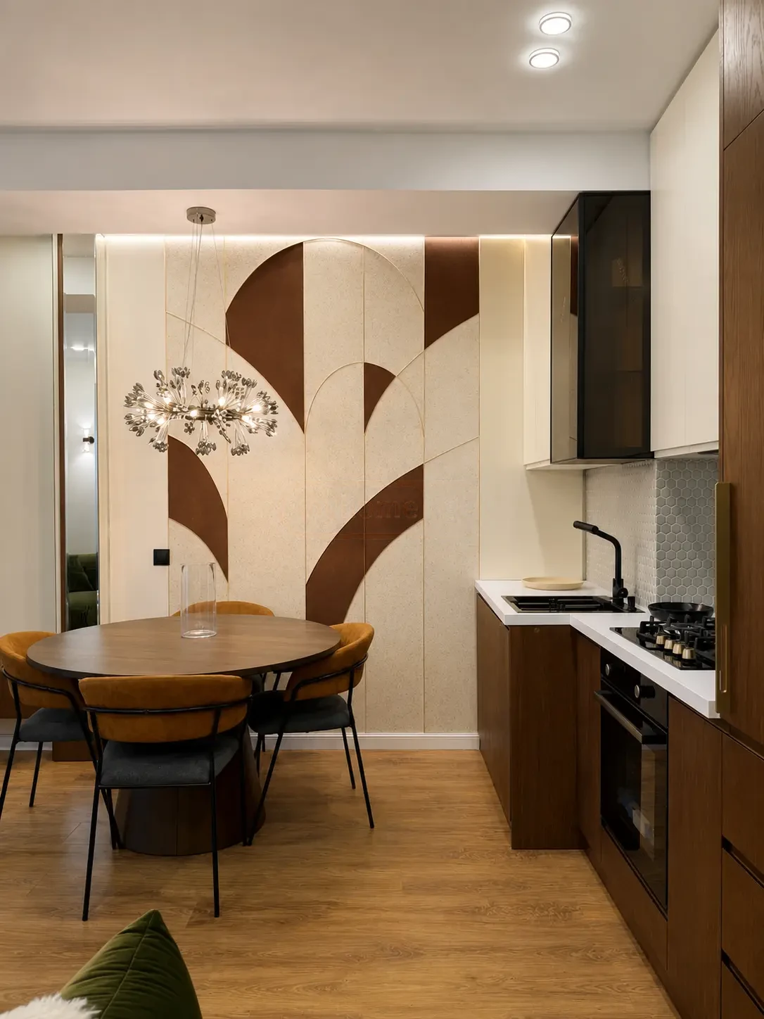 2-room apartment for sale on Nutsubidze Street 195, Saburtalo, Tbilisi — dining area with designer wall panels