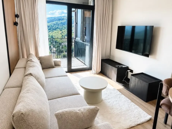2-room furnished apartment for sale on Politkovskaya Street 46, 16th floor, Saburtalo, Tbilisi — living room with sofa, TV and hill-view balcony door