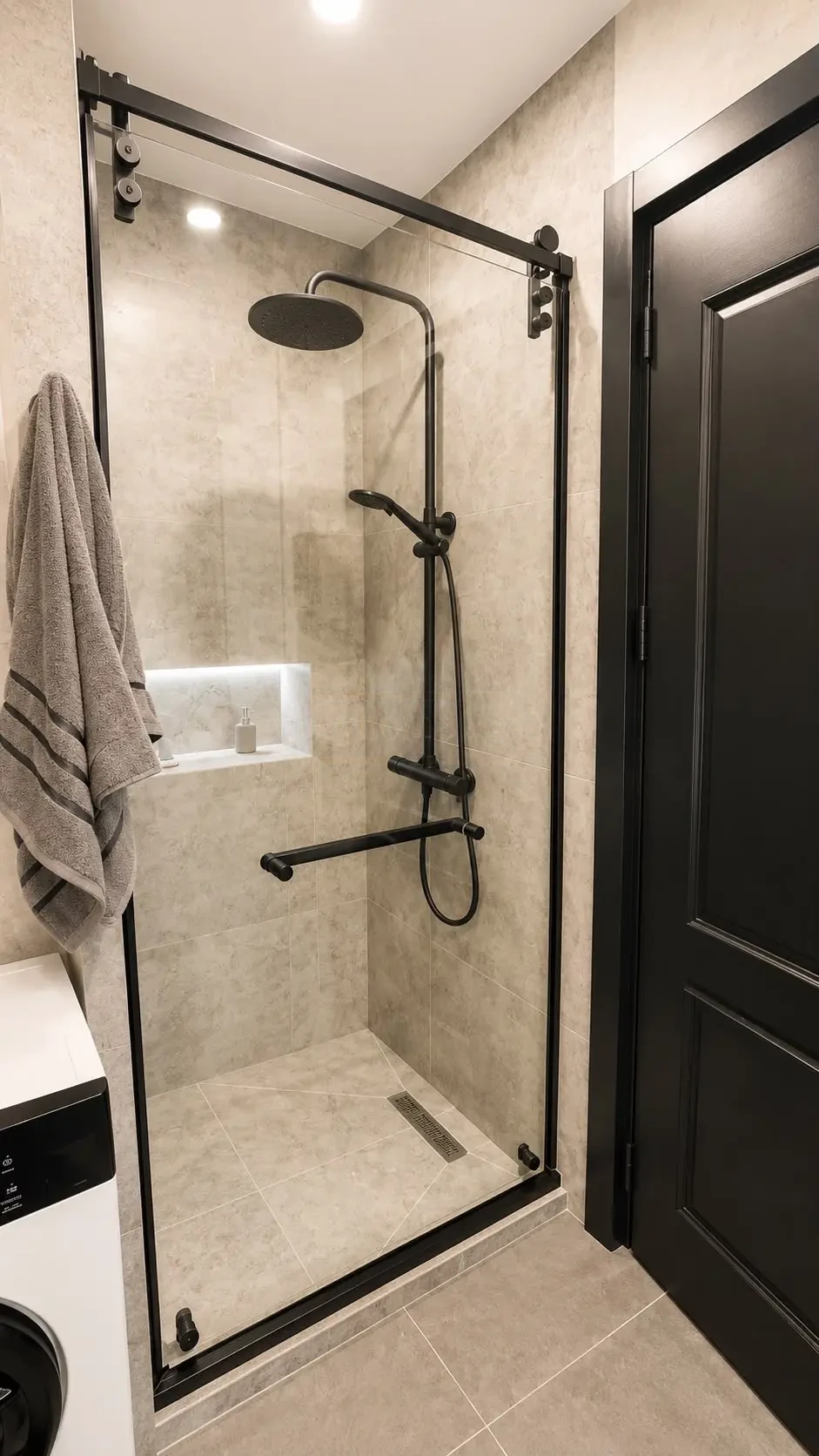 2-room furnished apartment for sale on Politkovskaya Street 46, 16th floor, Saburtalo, Tbilisi — walk-in shower with black rain fixtures