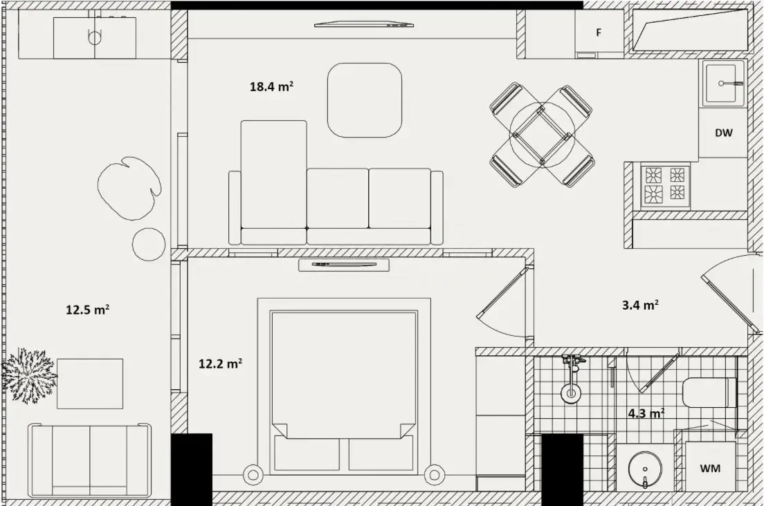 2-room furnished apartment for sale on Politkovskaya Street 46, 16th floor, Saburtalo, Tbilisi — floor plan — 18.4 m² living, 12.2 m² bedroom, 12.5 m² balcony