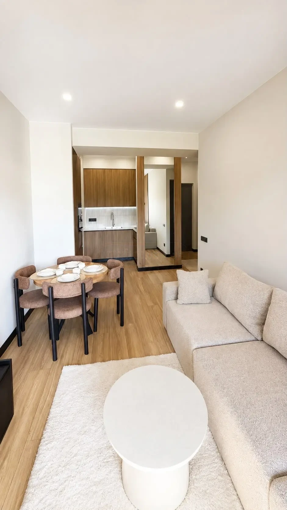 2-room furnished apartment for sale on Politkovskaya Street 46, 16th floor, Saburtalo, Tbilisi — open living space toward the kitchen and mirror