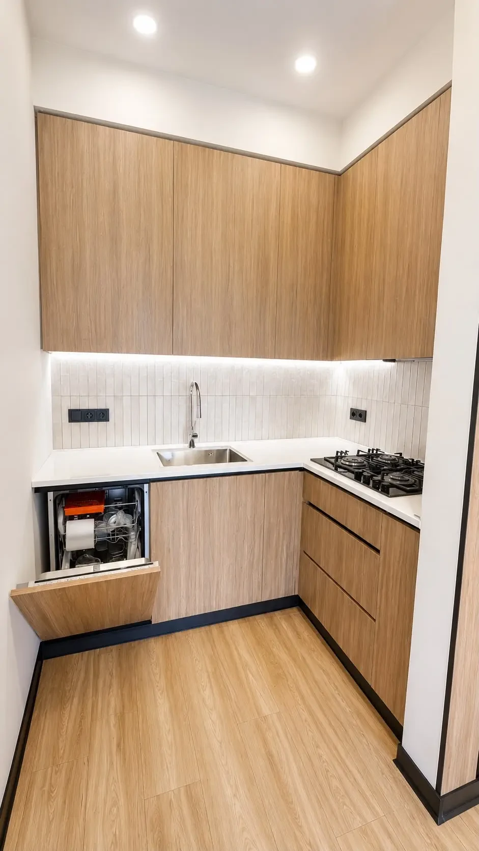 2-room furnished apartment for sale on Politkovskaya Street 46, 16th floor, Saburtalo, Tbilisi — kitchen corner with sink, gas hob and dishwasher