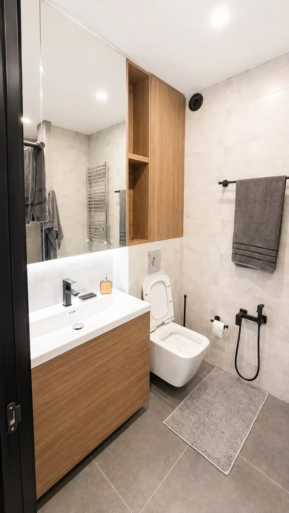 2-room furnished apartment for sale on Politkovskaya Street 46, 16th floor, Saburtalo, Tbilisi — bathroom with wood vanity and towel rail