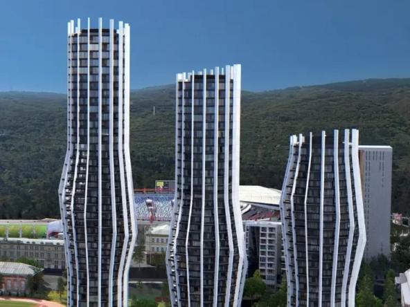 2-room apartment for sale on Tamarashvili Street, Vake, Tbilisi — the three towers of the complex seen from above