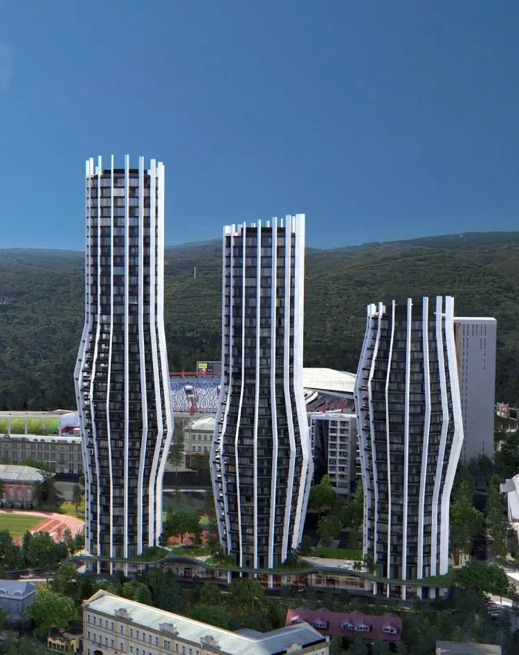 2-room apartment for sale on Tamarashvili Street, Vake, Tbilisi — the three towers of the complex seen from above