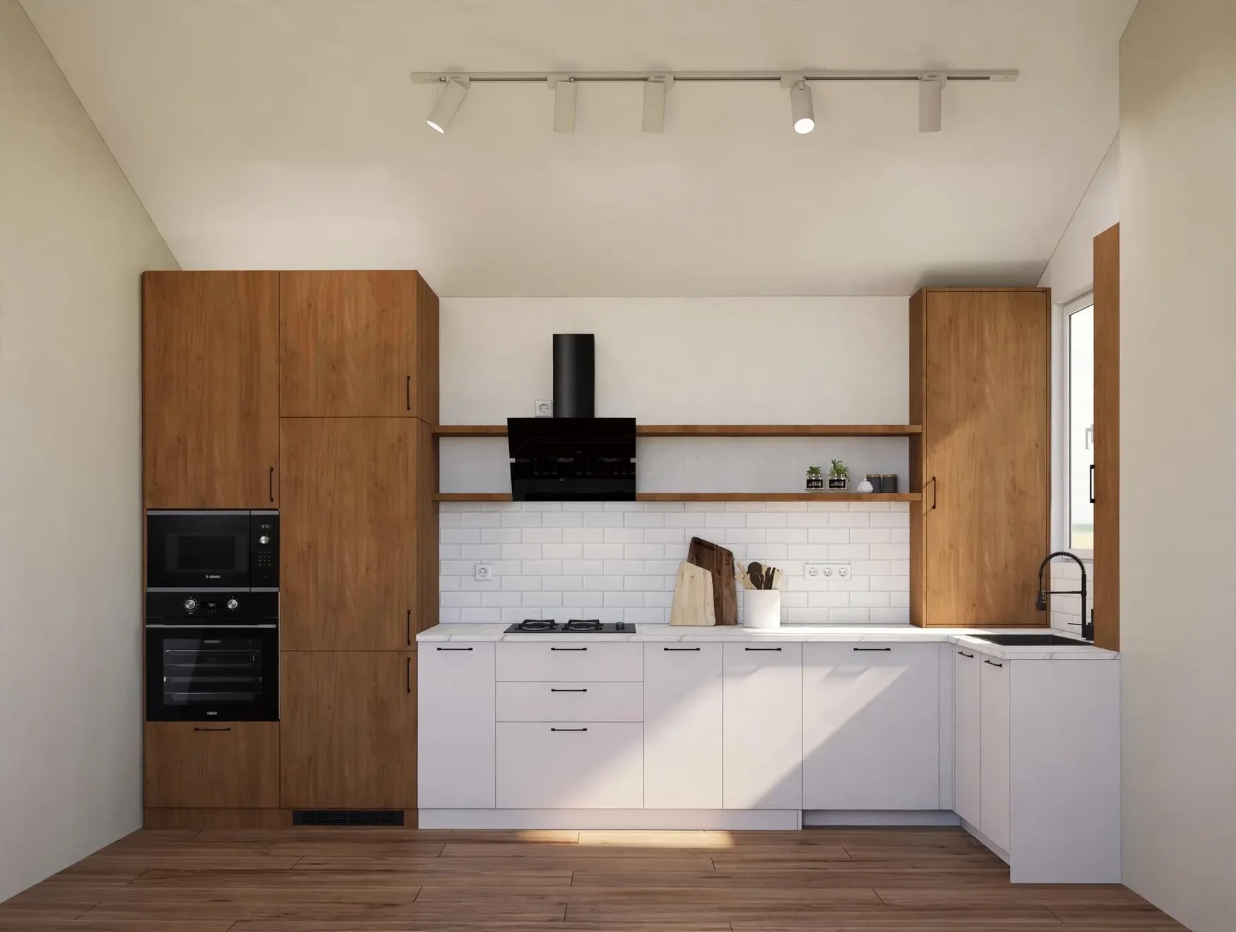 2-room apartment for sale on Tsinamdzghvrishvili Street, Chugureti, Tbilisi — kitchen visualization with wood and white cabinetry