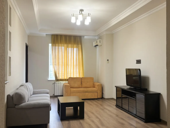 3-room apartment for rent on Chavchavadze Avenue 5, Vake, Tbilisi — living room with sofas, TV and air conditioning