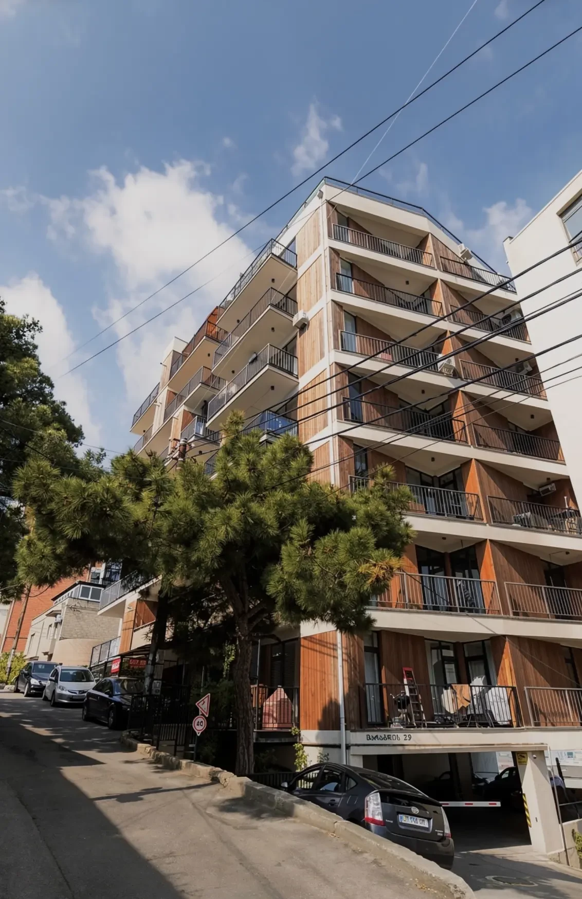 3-room apartment for sale on Marabda Street, Vake, Tbilisi — building facade with wood cladding