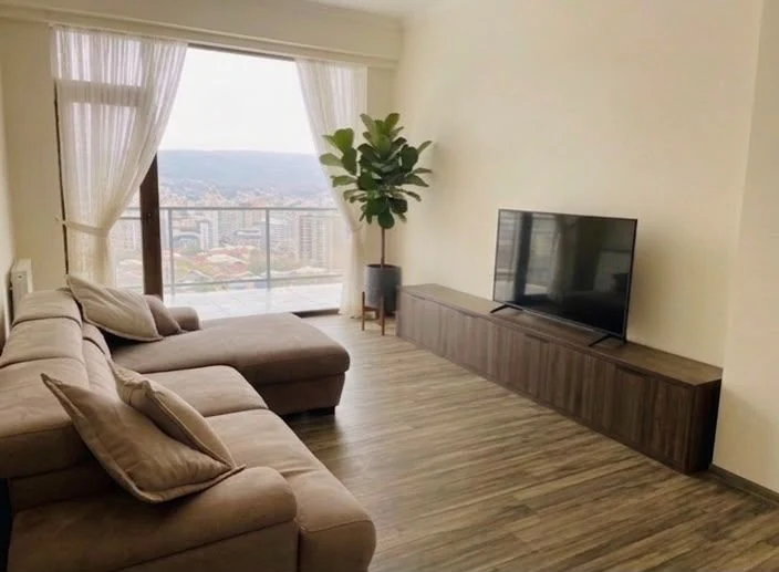 3-room apartment for sale on Marabda Street, Vake, Tbilisi — living room with sofa and balcony access to the city view