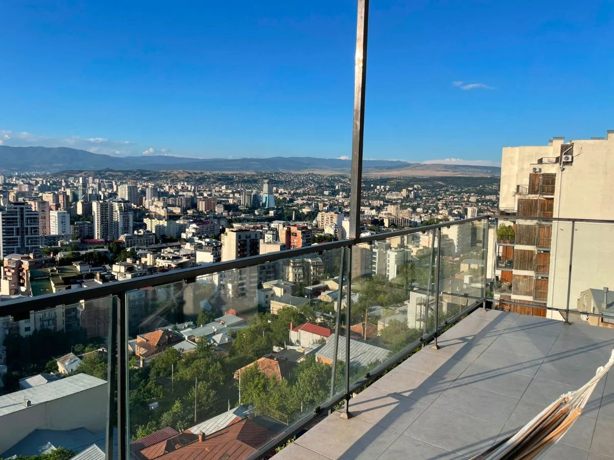 3-room apartment for sale on Marabda Street, Vake, Tbilisi — second terrace looking out over Tbilisi to the mountains