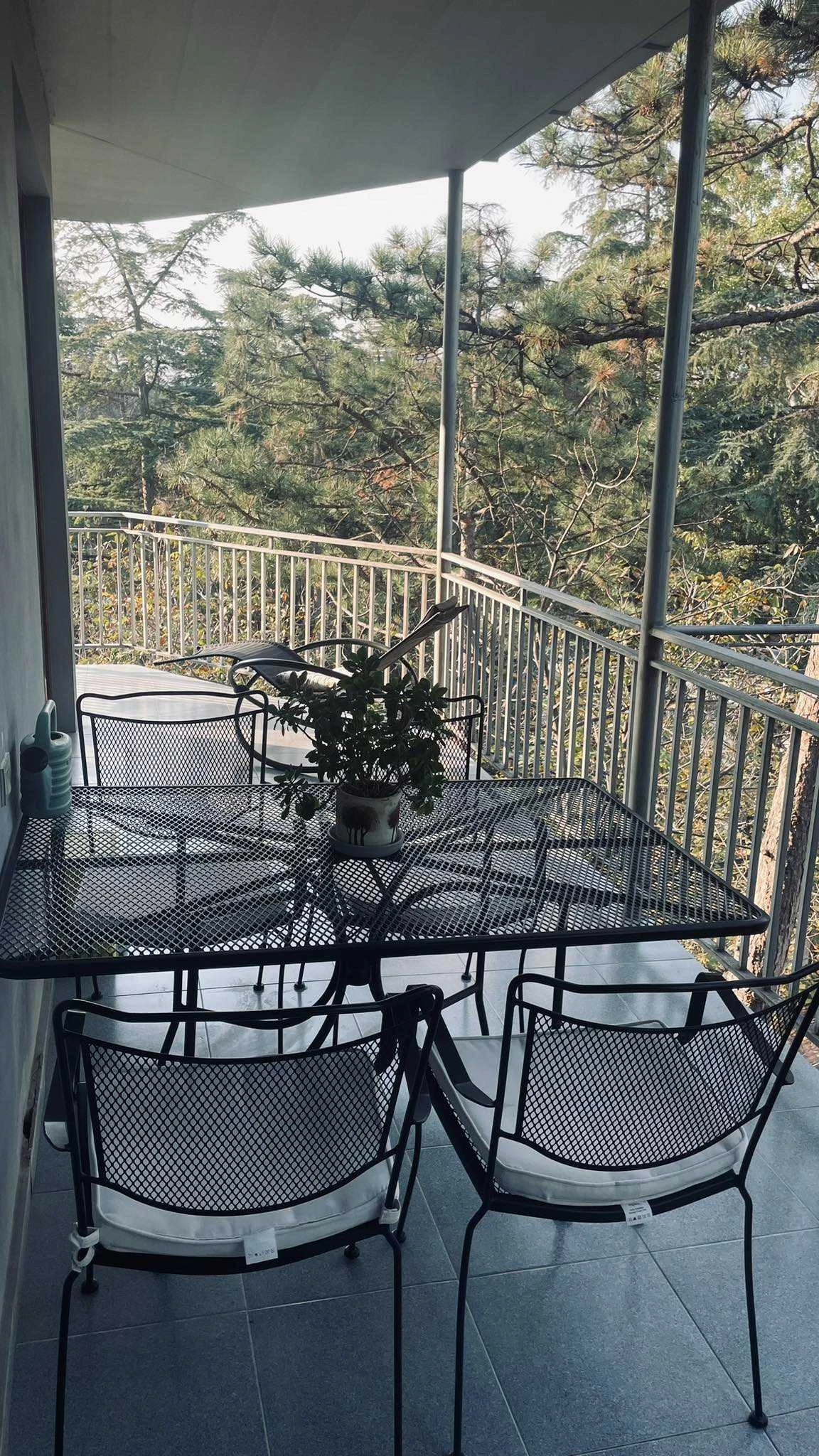 4-room apartment for rent on Titsian Tabidze Street 61, Vake, Tbilisi — balcony dining table among the pine trees