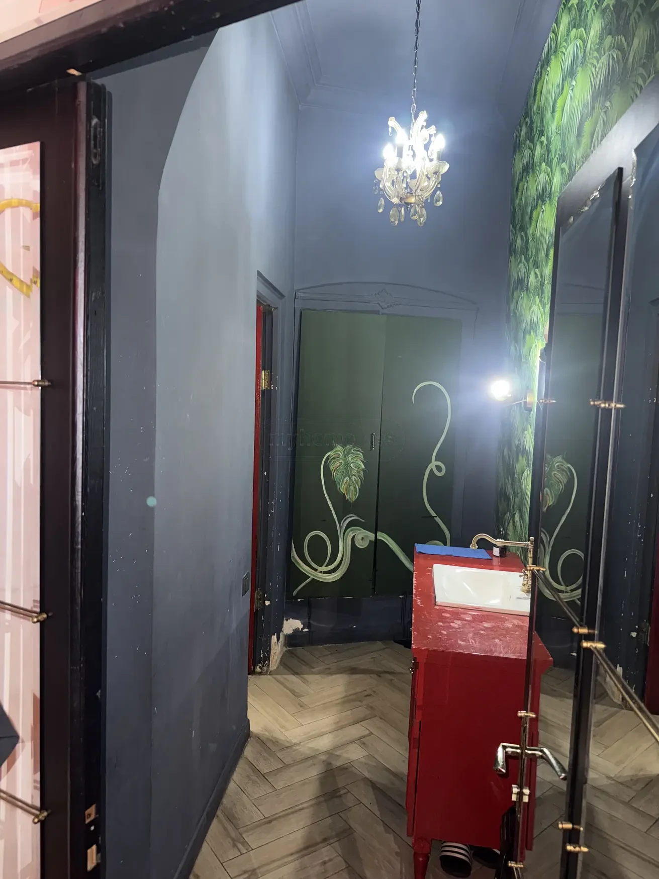 commercial cafe bar space for rent on Aghmashenebeli Avenue 26, Chugureti, Tbilisi — vestibule with chandelier and botanical wall art