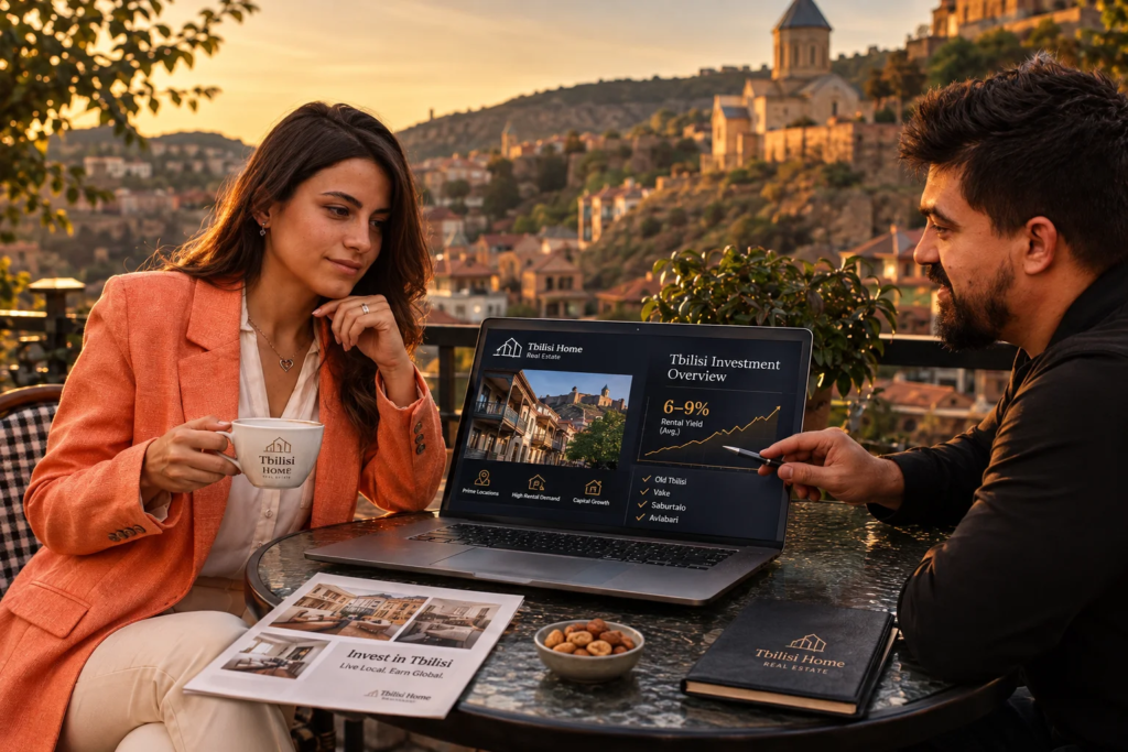 Tbilisi Home advisor showing a client rental yields and investment districts on a laptop over coffee, Old Tbilisi in the background