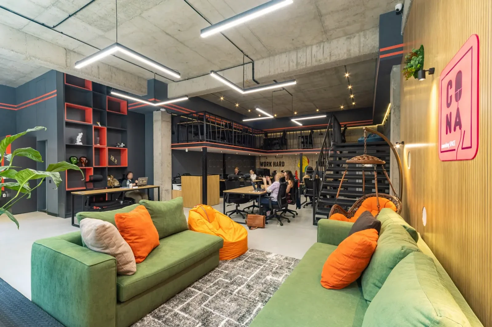 office space for rent on Politkovskaya Street (Jikia), Saburtalo, Tbilisi — wide coworking floor with lounge and mezzanine