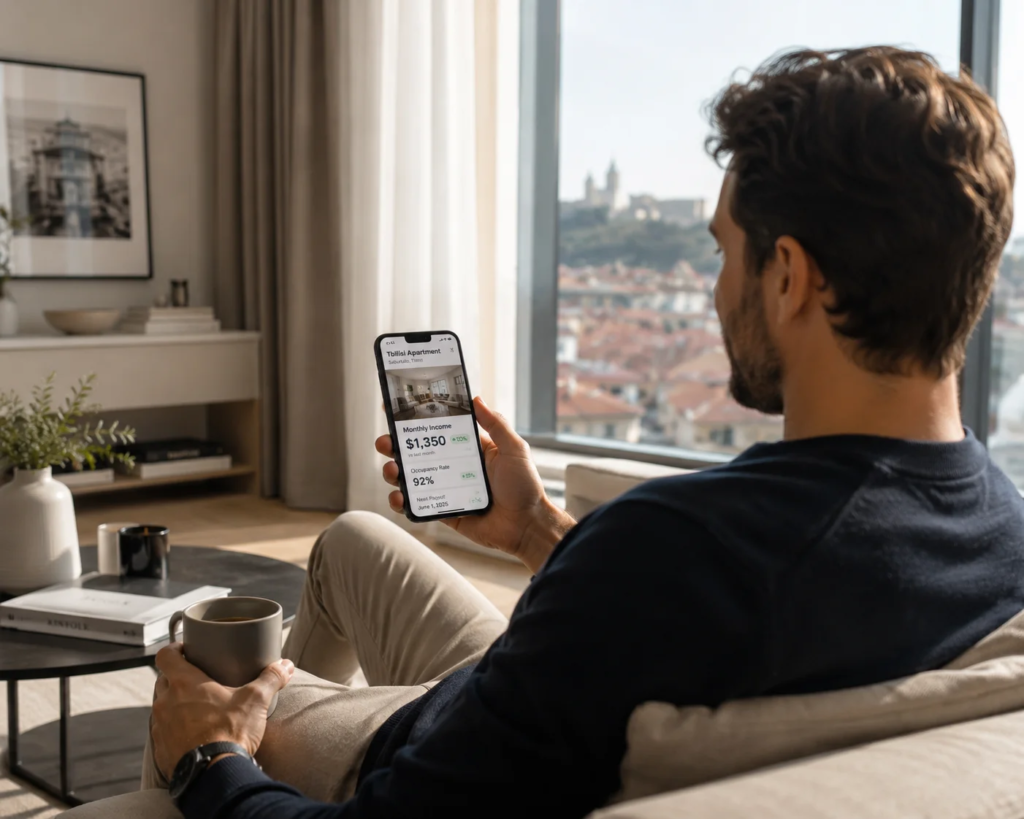 Property owner relaxing at home while checking rental income and occupancy in the Tbilisi Home owner portal on his phone