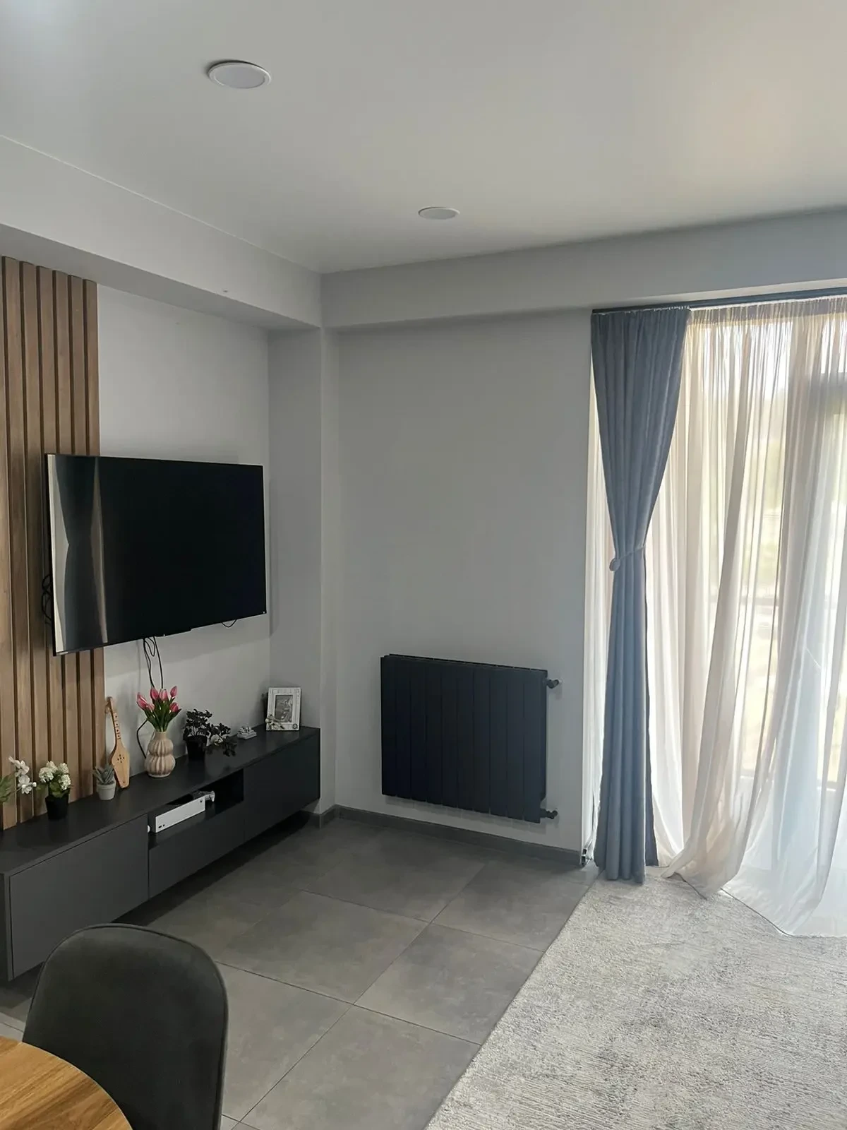 2-room apartment for sale on Marshal Gelovani Avenue, Saburtalo, Tbilisi — living room TV wall and radiator