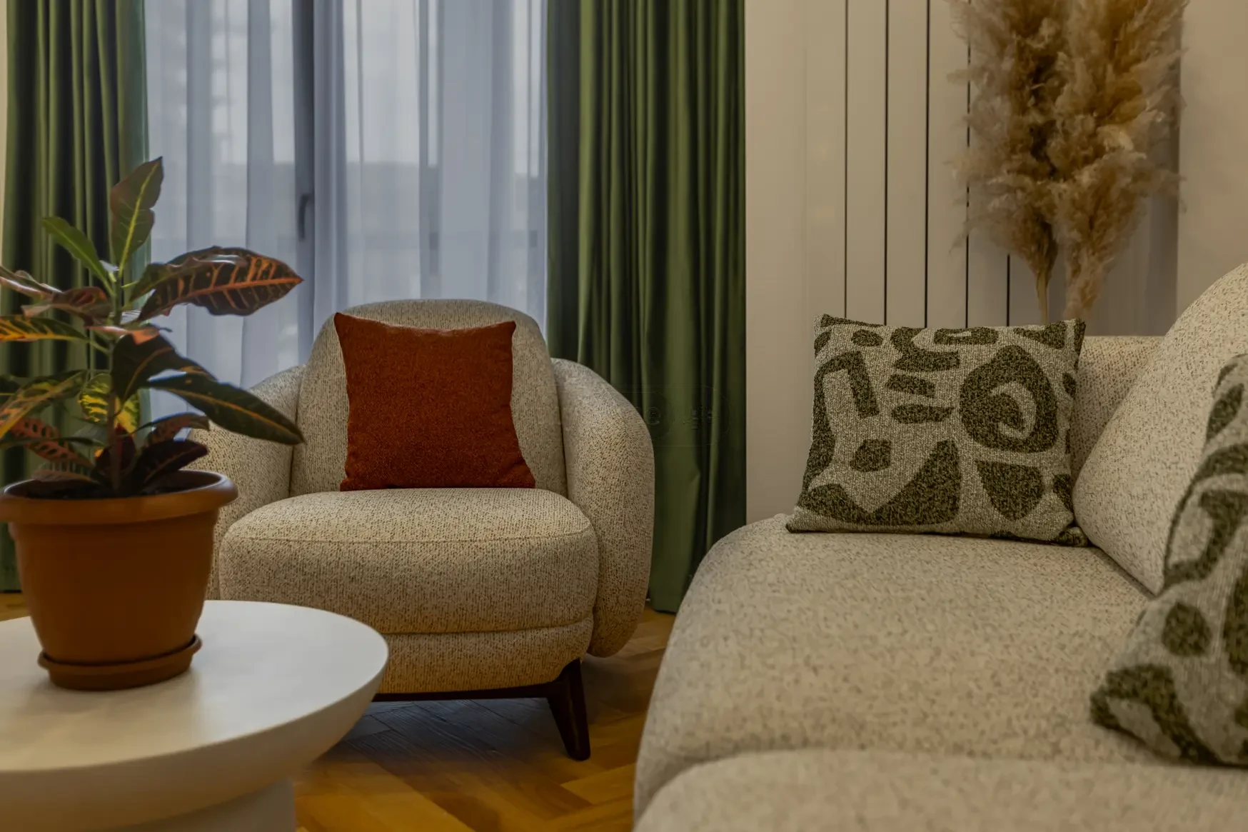 2-room apartment for sale on Politkovskaya Street, Saburtalo, Tbilisi — living room seating detail